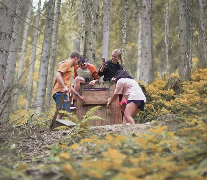Gruppe junger Leute im Wald untersucht eine Holzkiste