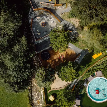 Draufsicht auf einen Garten mit Feuerstelle, Trampolin, Spielplatz und Pool