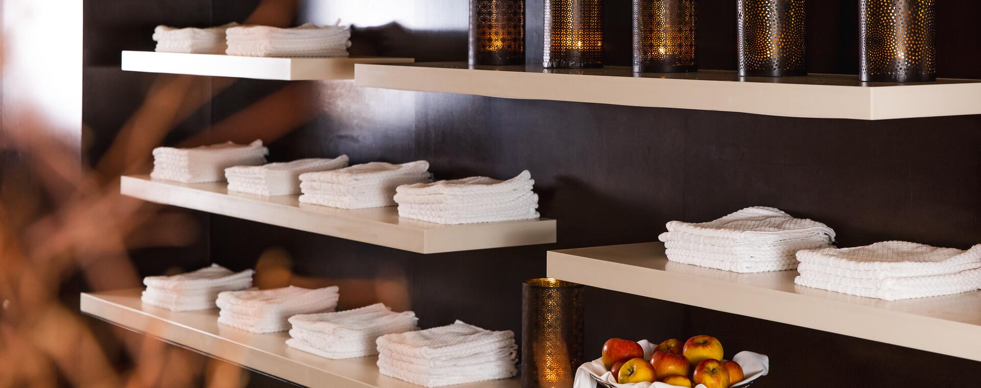 shelves in the hotel with wellness area