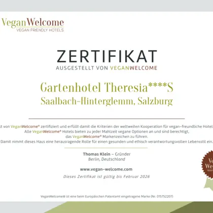 VeganWelcome-Zertifikat 2025 für Gartenhotel Theresia, Saalbach-Hinterglemm, ausgestellt von VeganWelcome